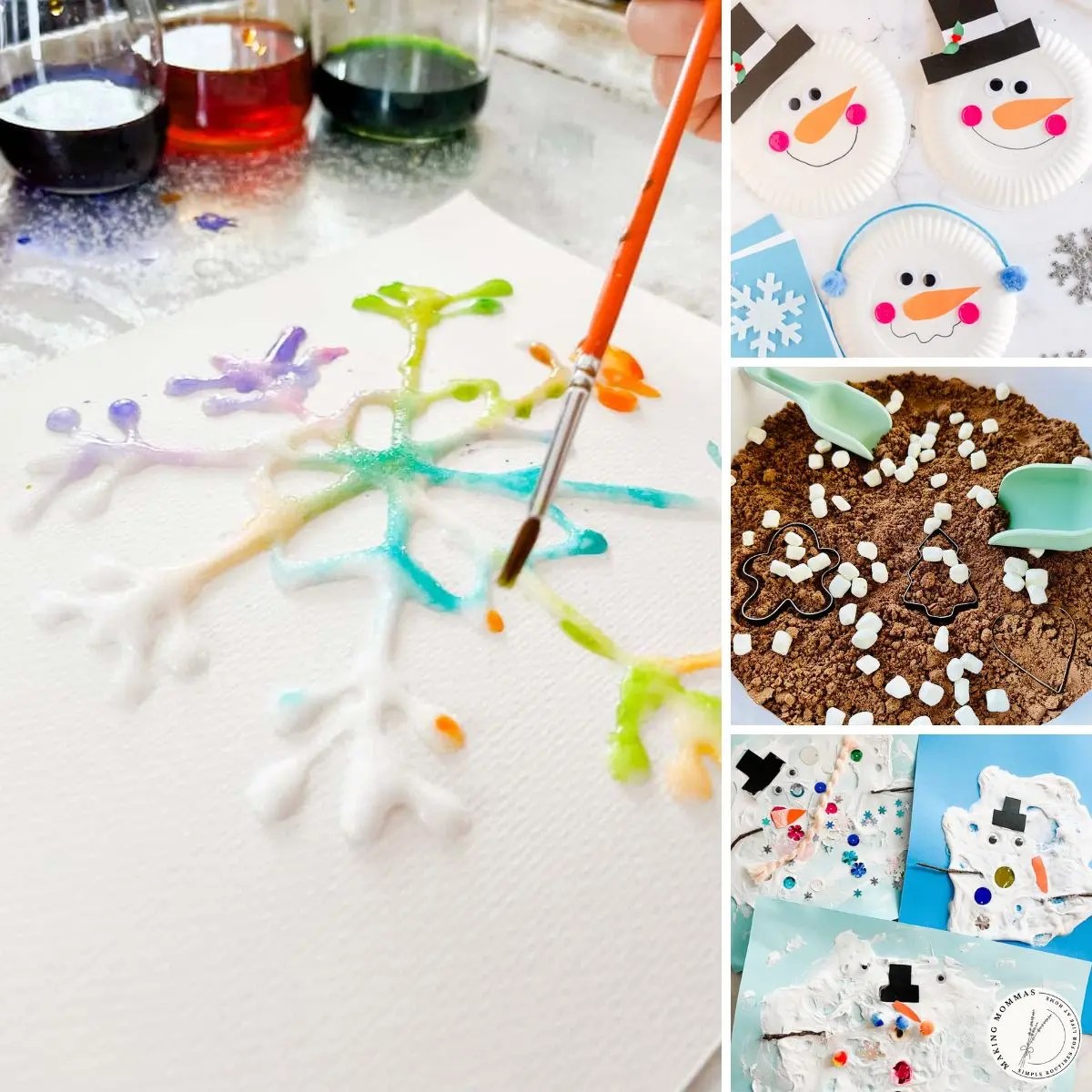 Winter preschool activities collage featuring snowflake painting, paper plate snowman crafts, winter sensory play, and easy art projects for preschoolers indoors.