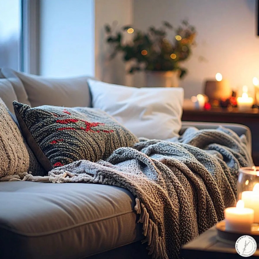 A cozy living room with a sofa layered in soft blankets and pillows, candles glowing nearby, creating a calm and comforting end-of-day atmosphere.