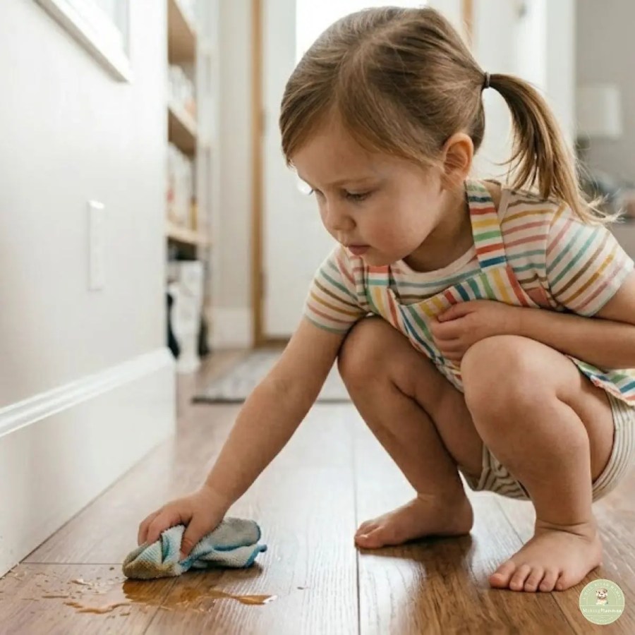Young child crouching on a hardwood floor while wiping up a small spill with a cloth during cleanup time at home.