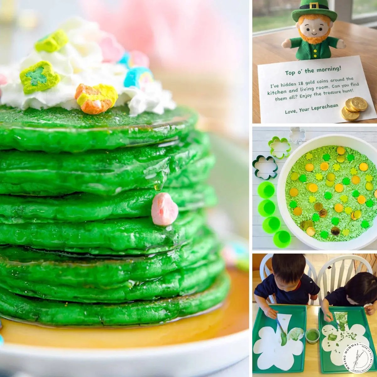 St. Patrick’s Day activities for toddlers and preschoolers featuring green pancakes, leprechaun scavenger hunt, shamrock sensory bin, and easy shamrock craft.