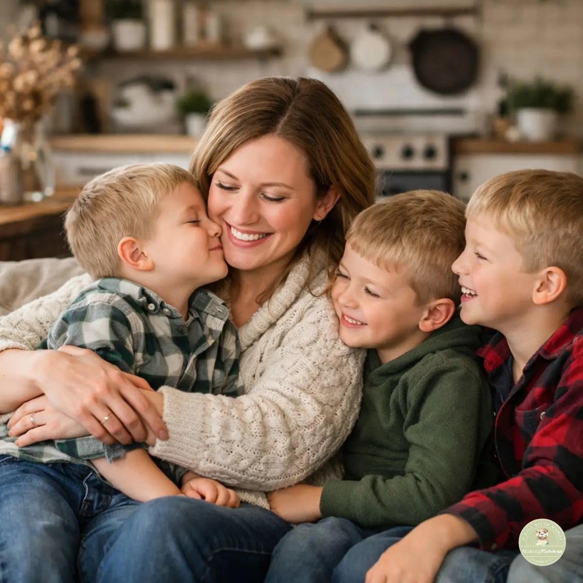 Mother sitting on a couch with three young boys in a cozy home kitchen, sharing a loving family moment together.