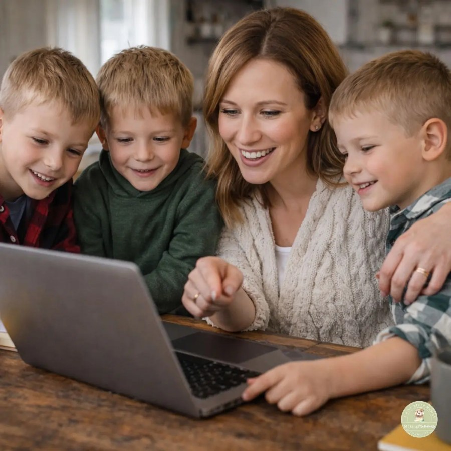 Mother sitting at a table with three young boys, smiling as they look at a laptop together in a cozy home kitchen.