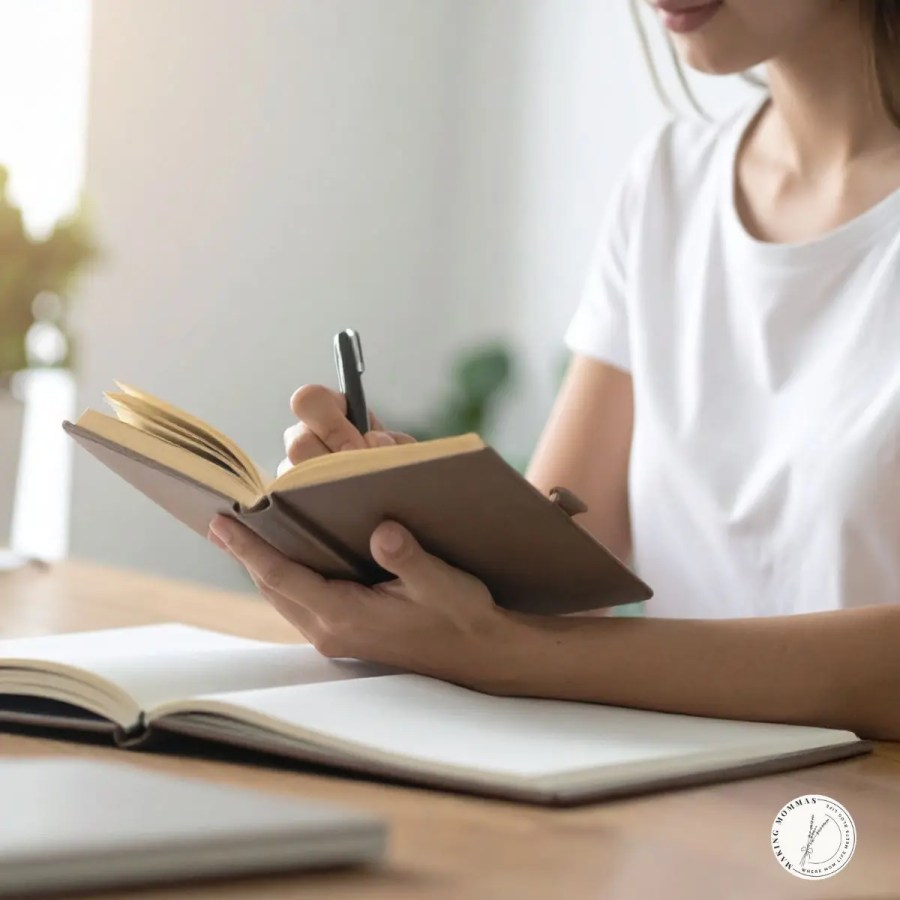 A woman sitting at a table, writing in a small notebook with a pen, with an open journal in front of her in soft natural light.