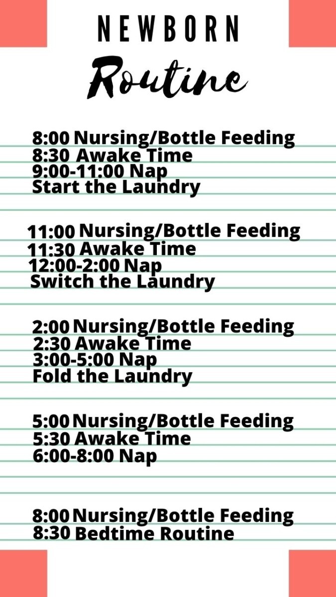 Block 1
8:00 Nursing/Bottle Feeding
8:30 Awake Time
9:00-11:00 Nap
Start the Laundry
Block 2
11:00 Nursing/Bottle Feeding
11:30 Awake Time
12:00-2:00 Nap
Switch the Laundry
Block 3
2:00 Nursing/Bottle Feeding
2:30 Awake Time
3:00-5:00 Nap
Fold the Laundry
Block 4
5:00 Nursing/Bottle Feeding
5:30 Awake Time
6:00-8:00 Nap
Block 5
8:00 Nursing/Bottle Feeding
8:30 Bedtime Routine
