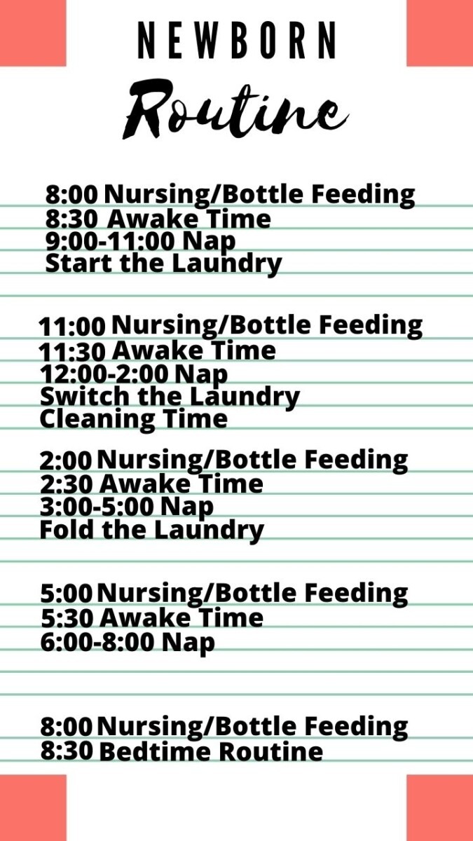 Block 1
8:00 Nursing/Bottle Feeding
8:30 Awake Time
9:00-11:00 Nap
Start the Laundry
Block 2
11:00 Nursing/Bottle Feeding
11:30 Awake Time
12:00-2:00 Nap
Switch the Laundry
Cleaning Time
Block 3
2:00 Nursing/Bottle Feeding
2:30 Awake Time
3:00-5:00 Nap
Fold the Laundry
Block 4
5:00 Nursing/Bottle Feeding
5:30 Awake Time
6:00-8:00 Nap
Block 5
8:00 Nursing/Bottle Feeding
8:30 Bedtime Routine