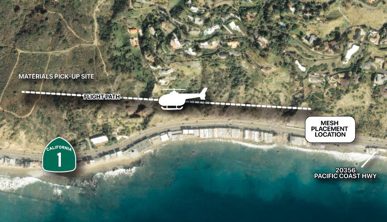 Caltrans helicopter operation to install rockfall mesh above PCH near Big Rock Drive