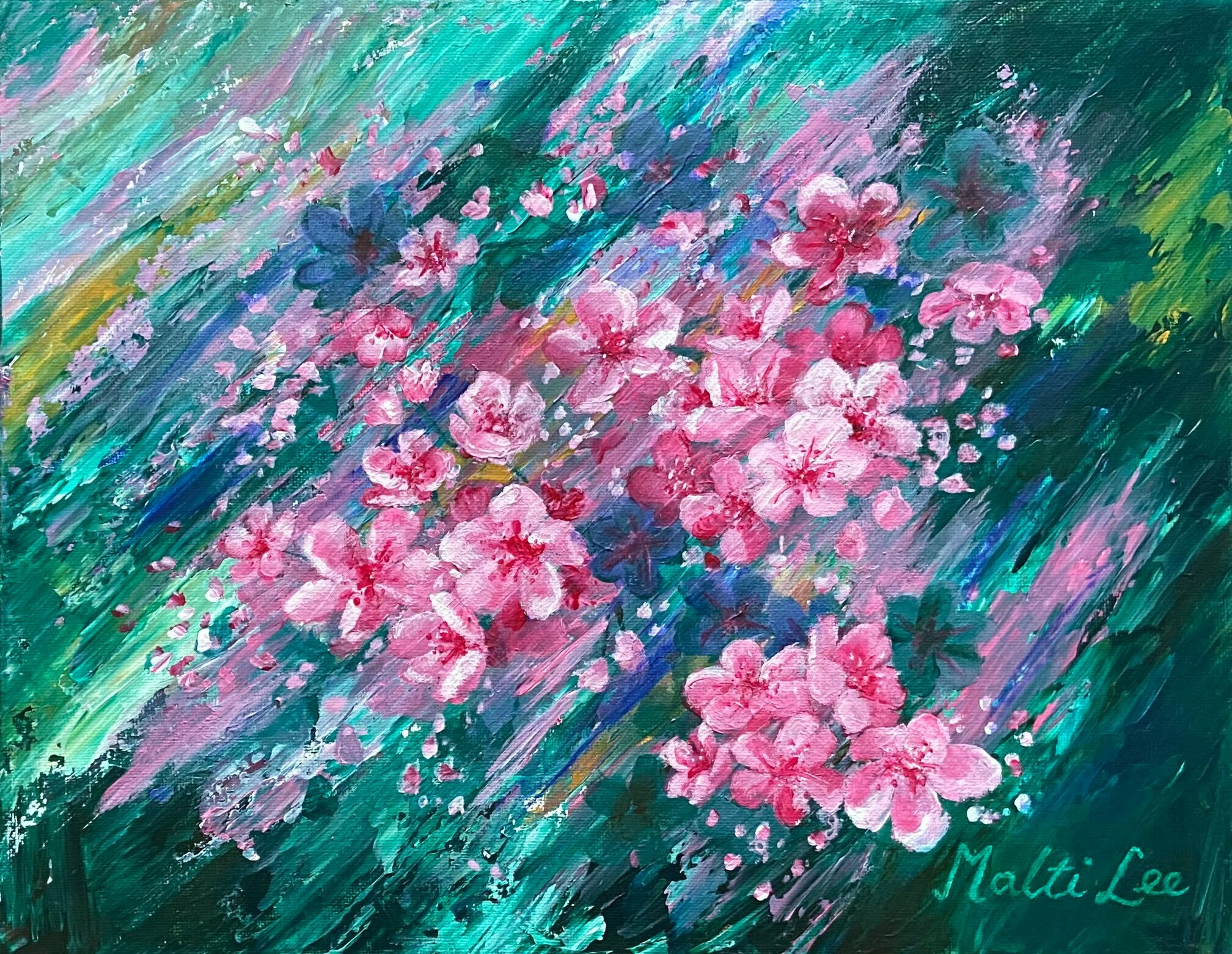 Vivid original painting in acrylic of pink cherry blossom against a bold, green abstract background by California based contemporary artist, Malti B Lee