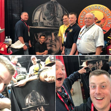 Uh-oh. A band of HVFD alums looking for fun rediscover former Deputy Chief Matt Leonard's poster for Phenix helmets at a recent FDIC.