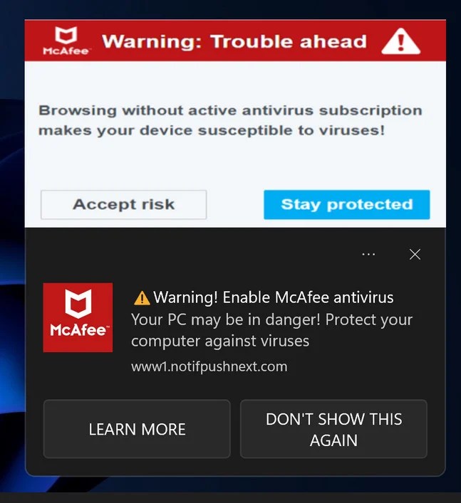 How To Remove McAfee Warning Trouble Ahead Pop Up Scam Warning Trouble Ahead 1 