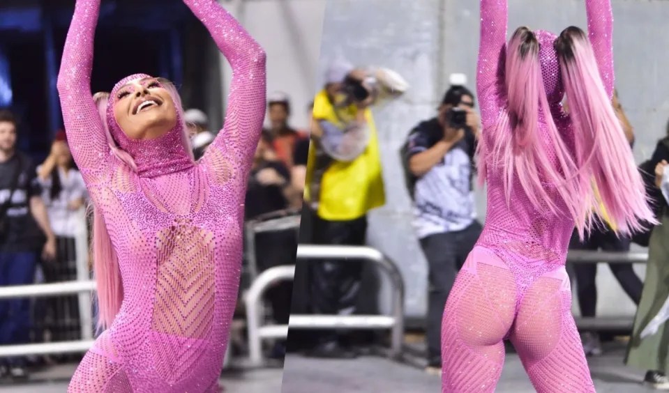 Sabrina Sato arrasa com look rosa transparente em pré-carnaval