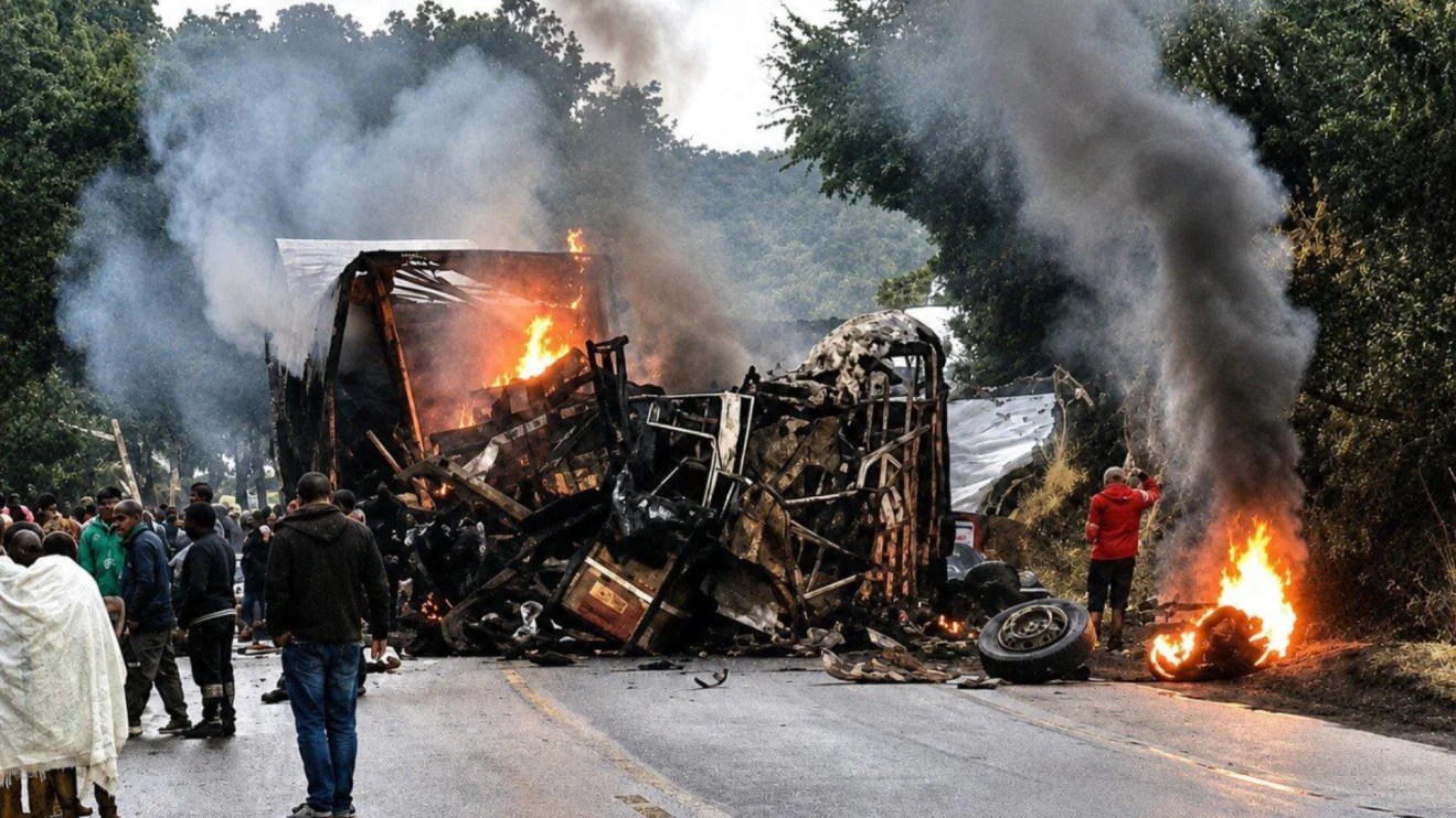 Ônibus pega fogo após batida com carreta