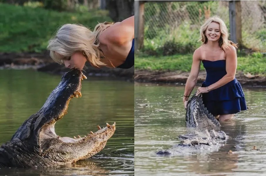 Mulher faz fotos de formatura beijando jacaré