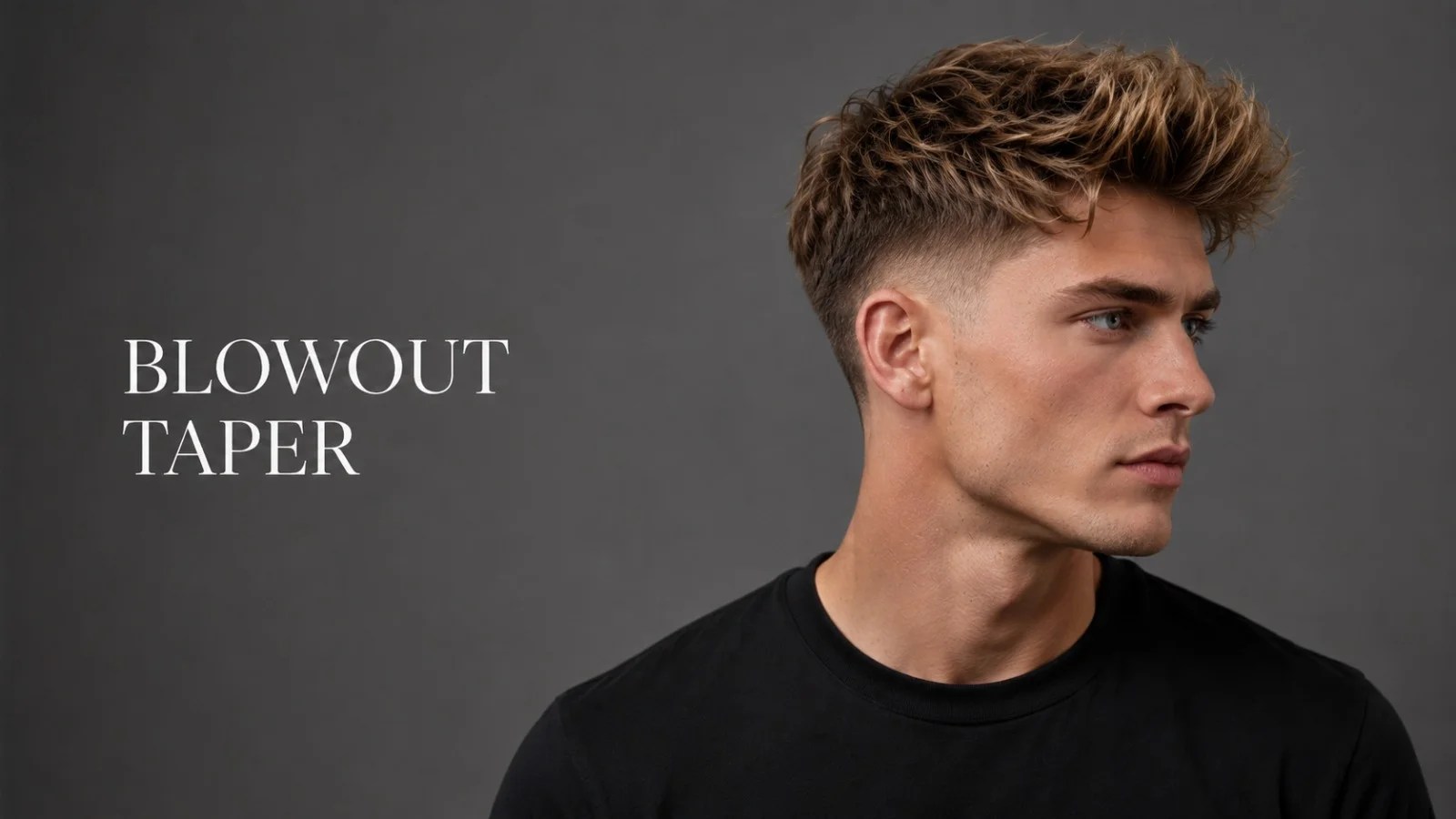 Side profile of a man with a textured blowout haircut, gray backdrop, and the words 'BLOWOUT TAPER' on the left