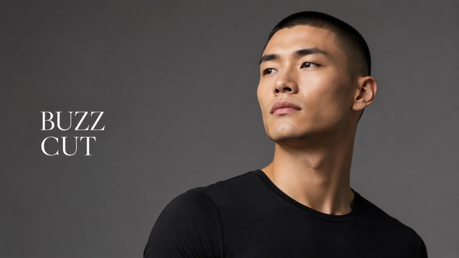 Male model with a buzz cut in a black shirt, looking to the right, gray studio backdrop with BUZZ CUT text on the left.