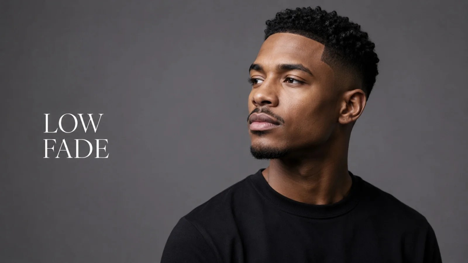 Side-profile of a man with a low fade haircut, wearing a black shirt, looking to the right against a gray backdrop with 'LOW FADE' text on the left.