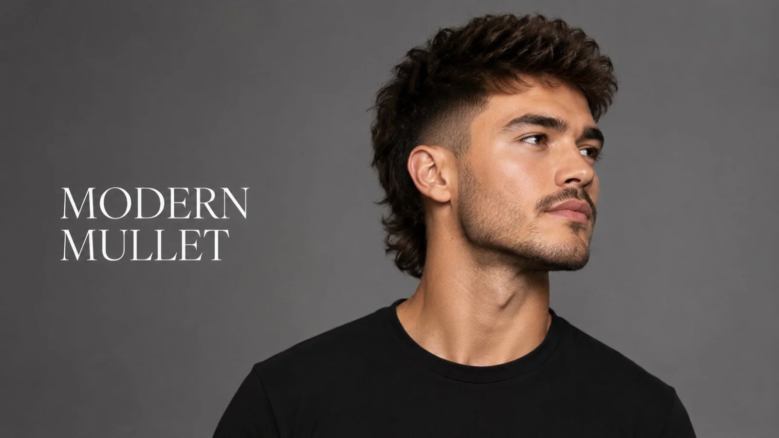Side-profile portrait of a man with a modern mullet hairstyle, looking to the right, with the words 'MODERN MULLET' in white text on a gray background.