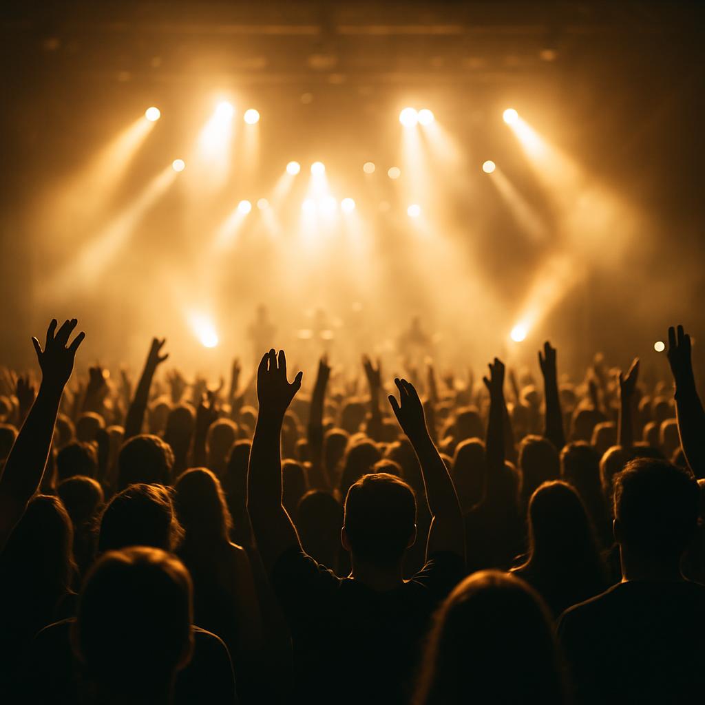 Concertgoers in front of stage with spotlight lights.