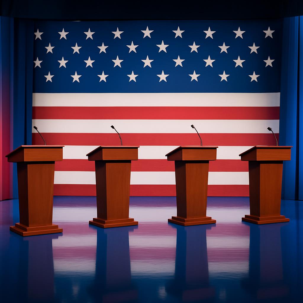 Four wooden podiums against an American flag backdrop, hinting at a political debate scene.