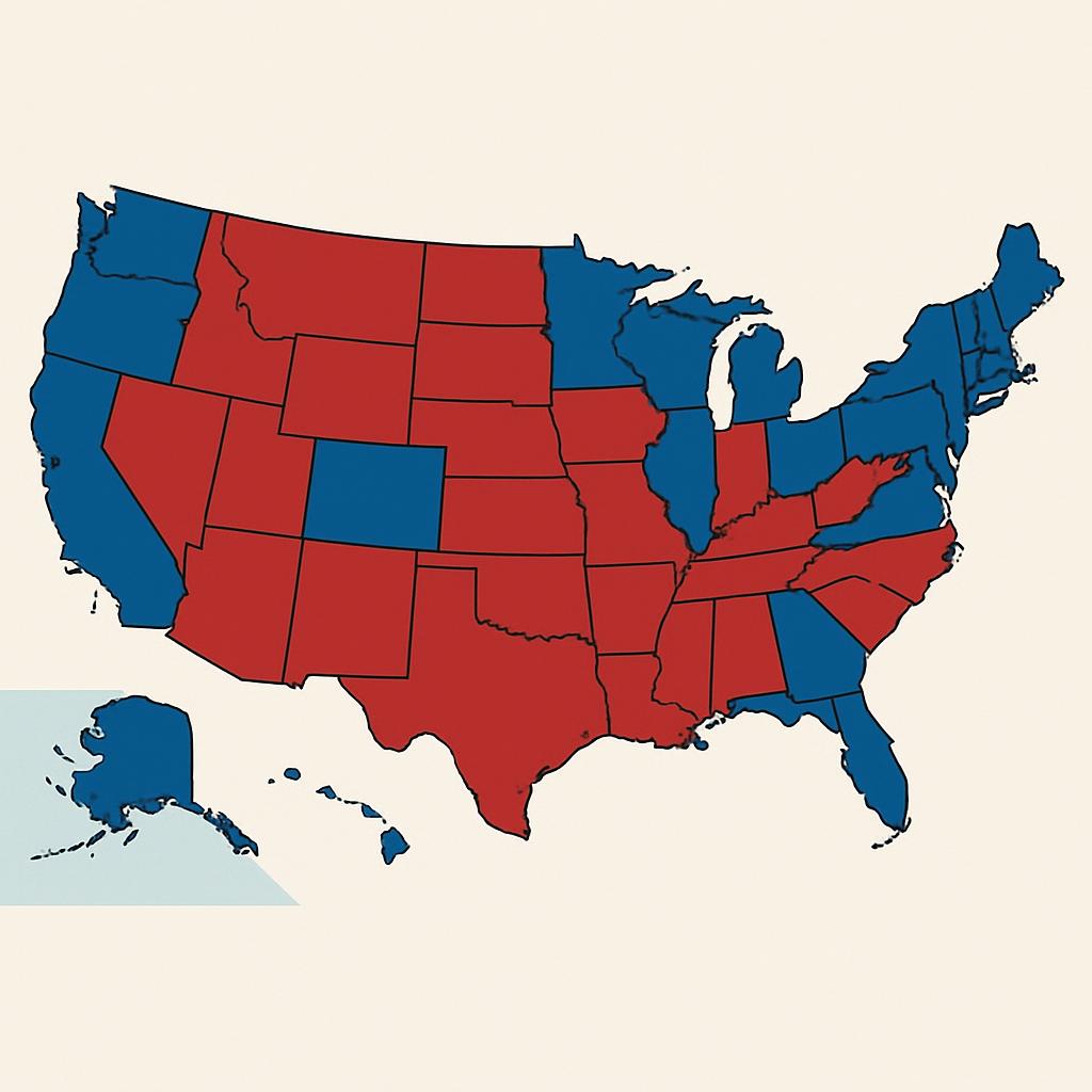 Map of the United States of America with each state colored differently, including some filled in white. Some colored stat...