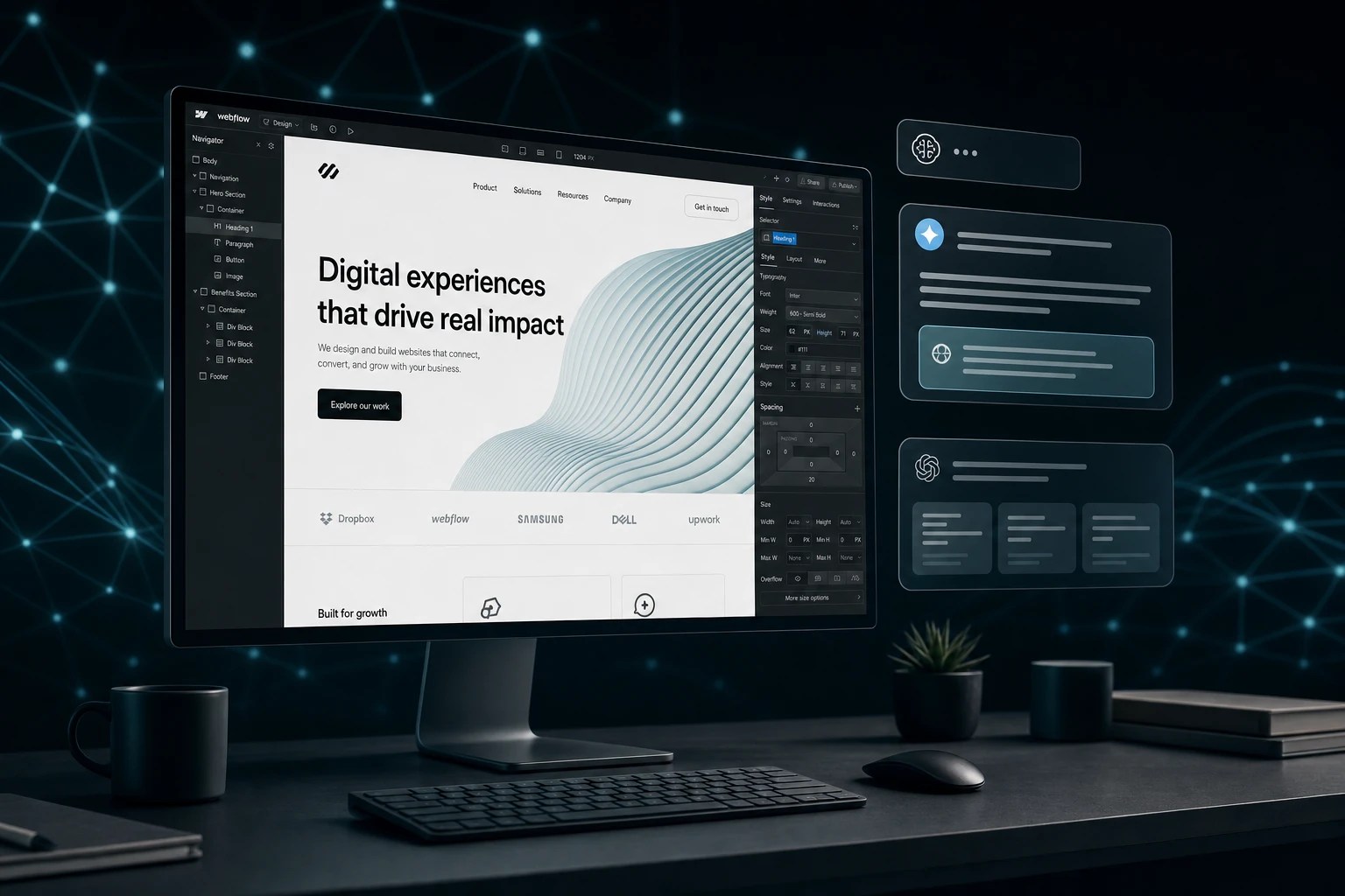 Webflow AEO answer engine optimization — monitor showing Webflow designer with AI search overlays