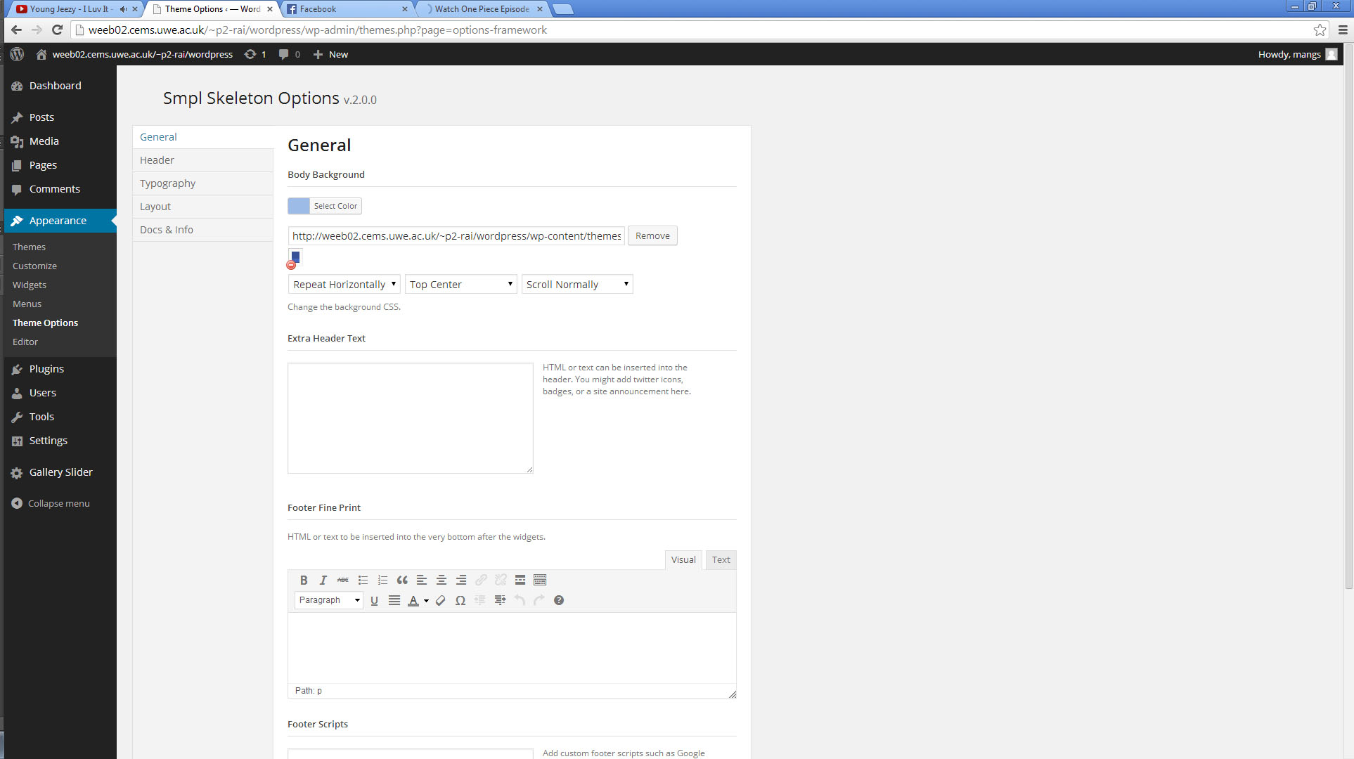 Screenshot of the general option choices to make or change for my client's website in dashboard