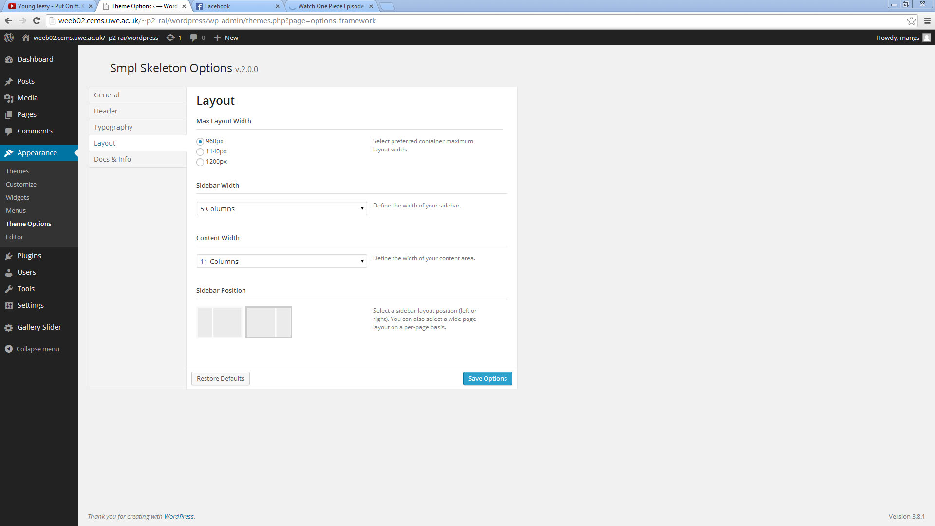Screenshot for the layout of the theme that I had used for developing my client's website in dashboard