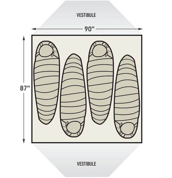 This illustration shows the sleeping arrangements for the L.L.Bean Mountain Light HV 4 Tent.