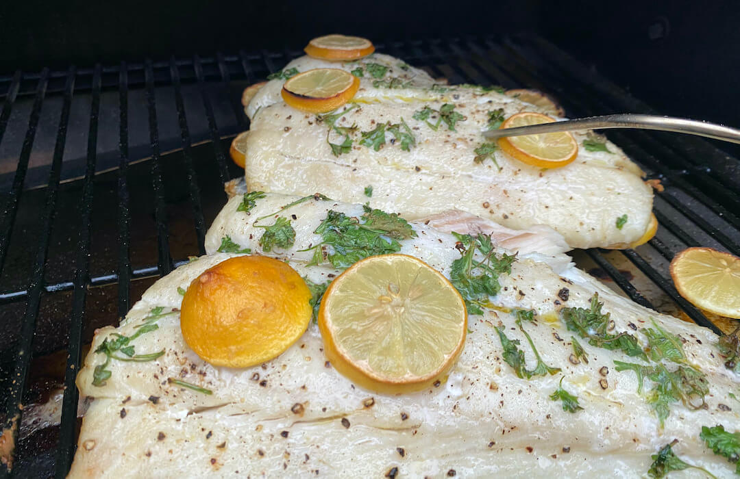 This Traeger review photo shows halibut cooking on the Traeger Pro 575 Pellet Grill.