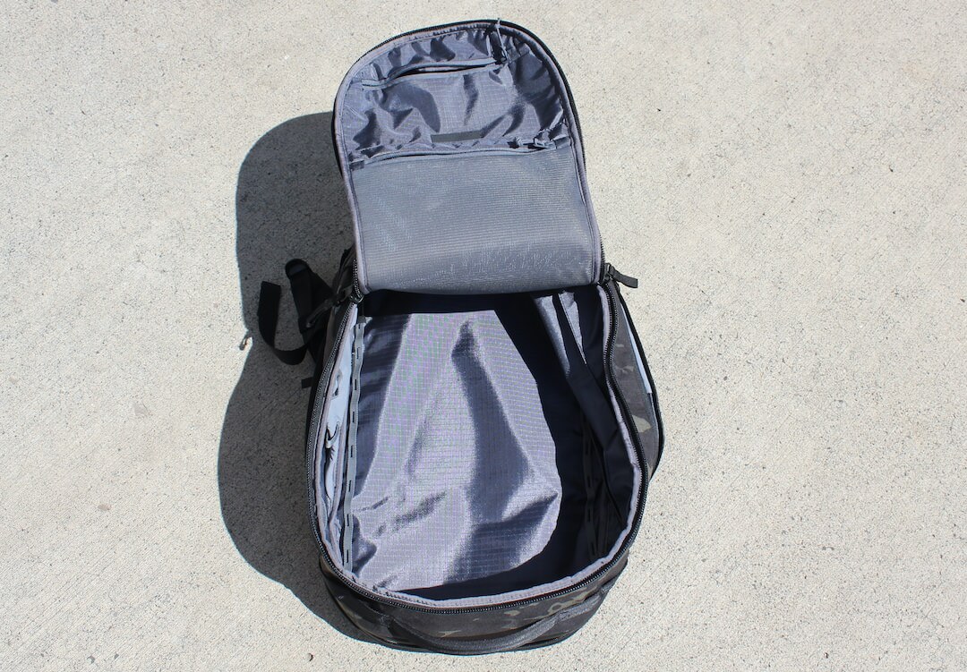 This photo shows the main compartment of the Able Carry Max Backpack.