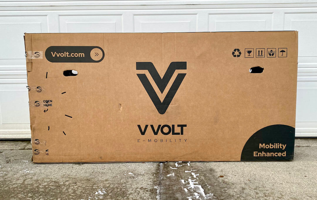 This photo shows the Vvolt ebike shipping box.