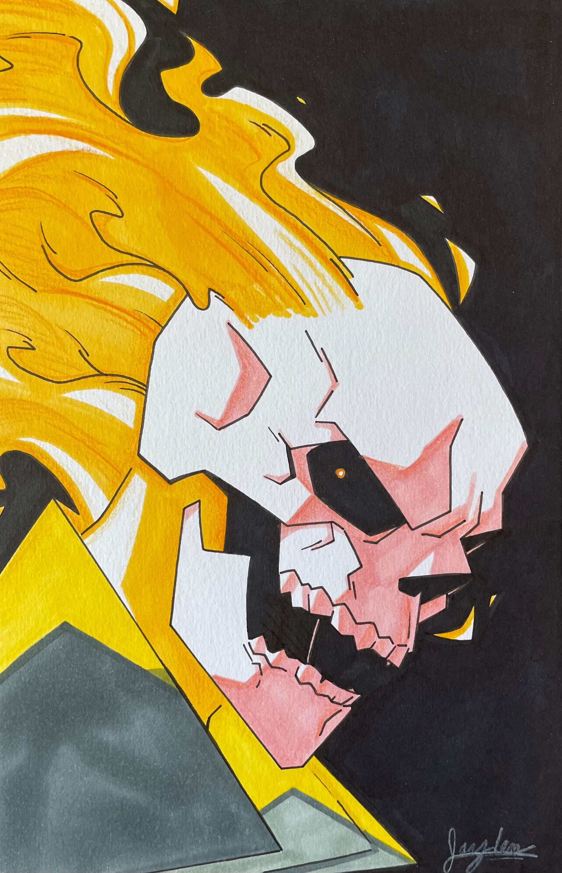 Close-up of a stylized yellow-haired figure with a pink skull-like face on a dark background.