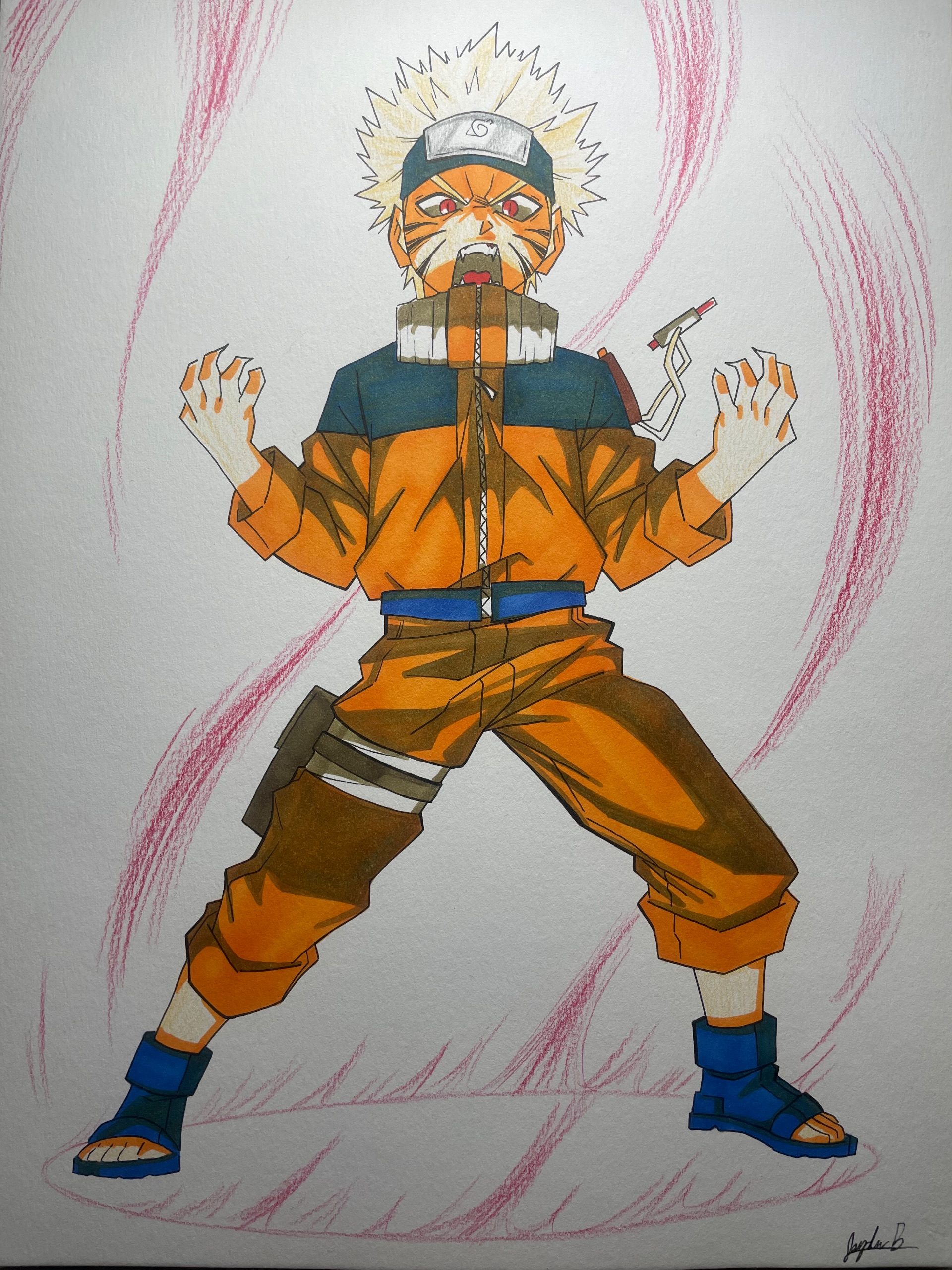 Cartoon Naruto-style ninja in an orange jumpsuit and headband, fists raised in a ready-for-battle pose with swirling pink energy around him.