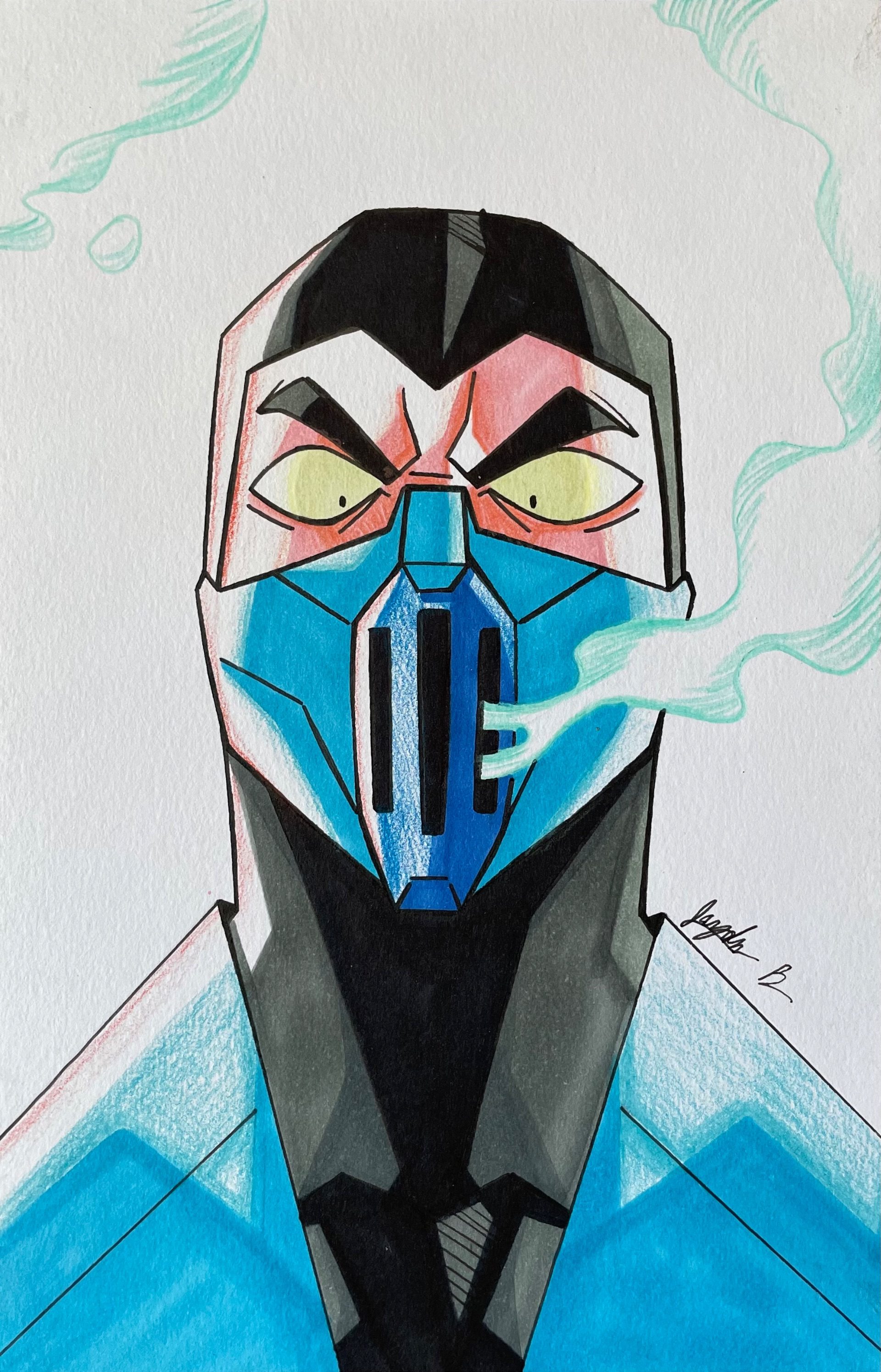 Geometric robotic face with blue and black panels, yellow eyes, and a cyan chest piece against a pale backdrop.