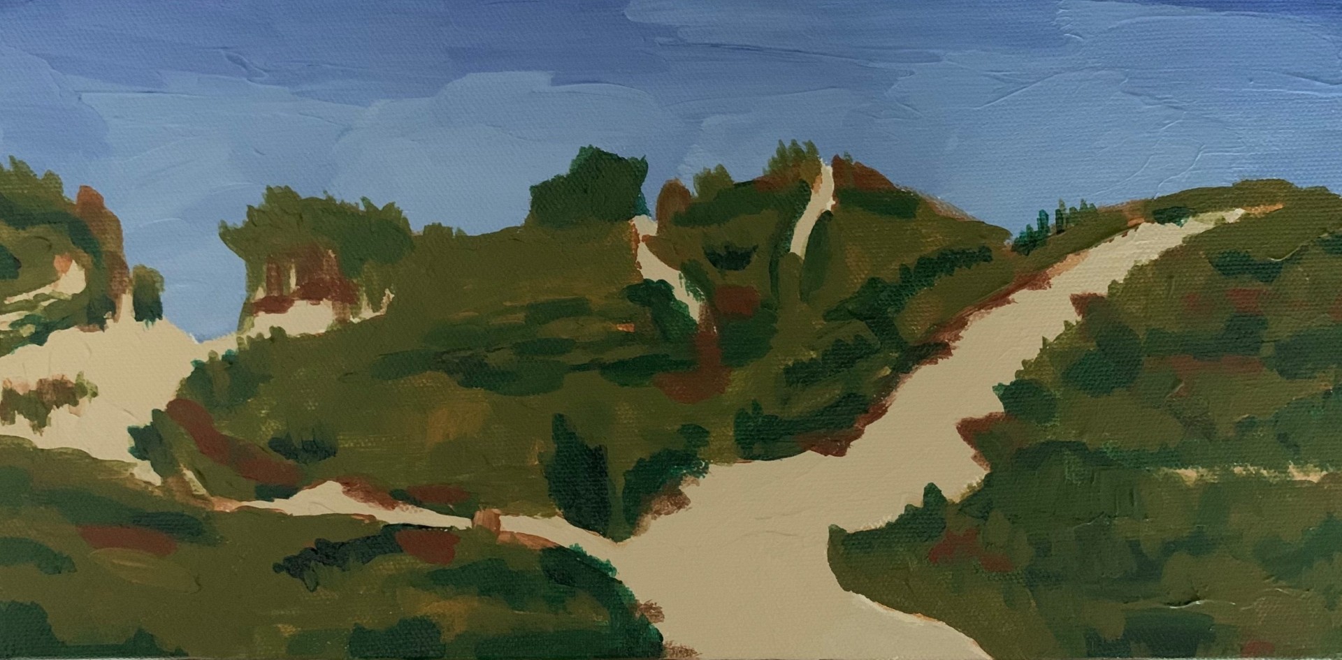 Impressionistic landscape: sandy dune path winds through green shrubs under a blue sky.