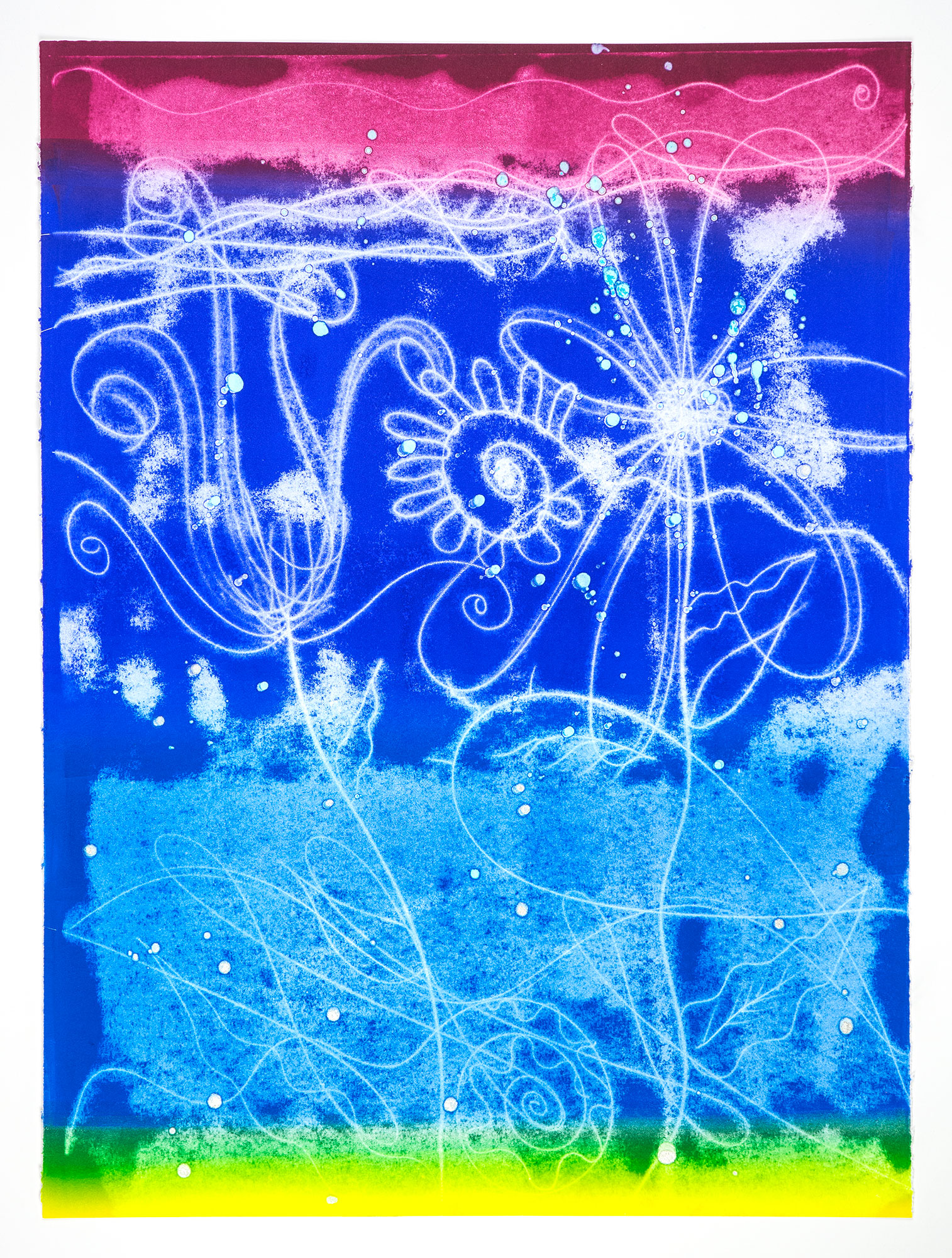Catherine Howe: "Flower Float No. 10", 2026. Trace monotype with mica and silver pigments, 30" x 22". Published by Manneken Press.