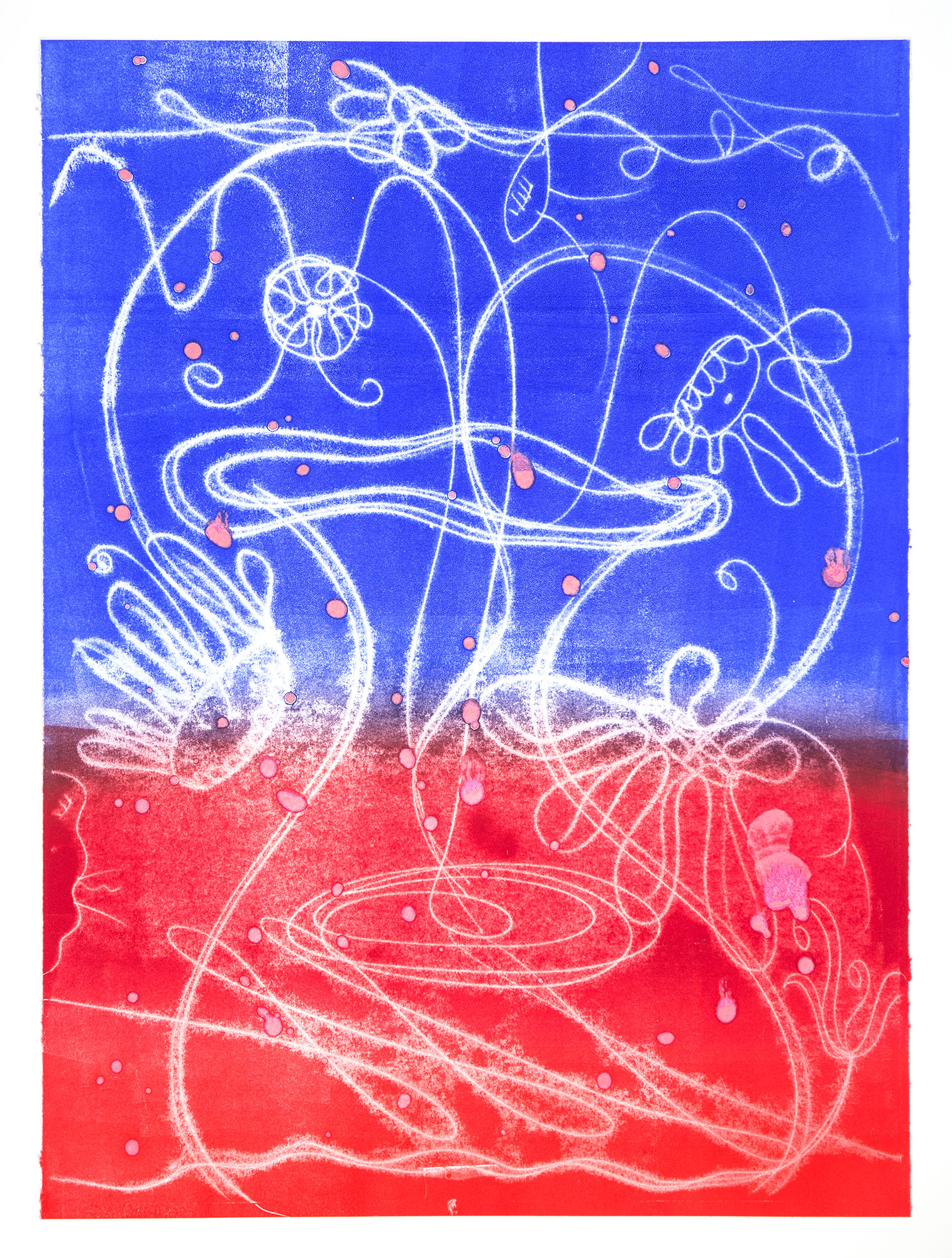 Catherine Howe: "Flower Float No. 12", 2026. Trace monotype with mica and silver pigments, 30" x 22". Published by Manneken Press.