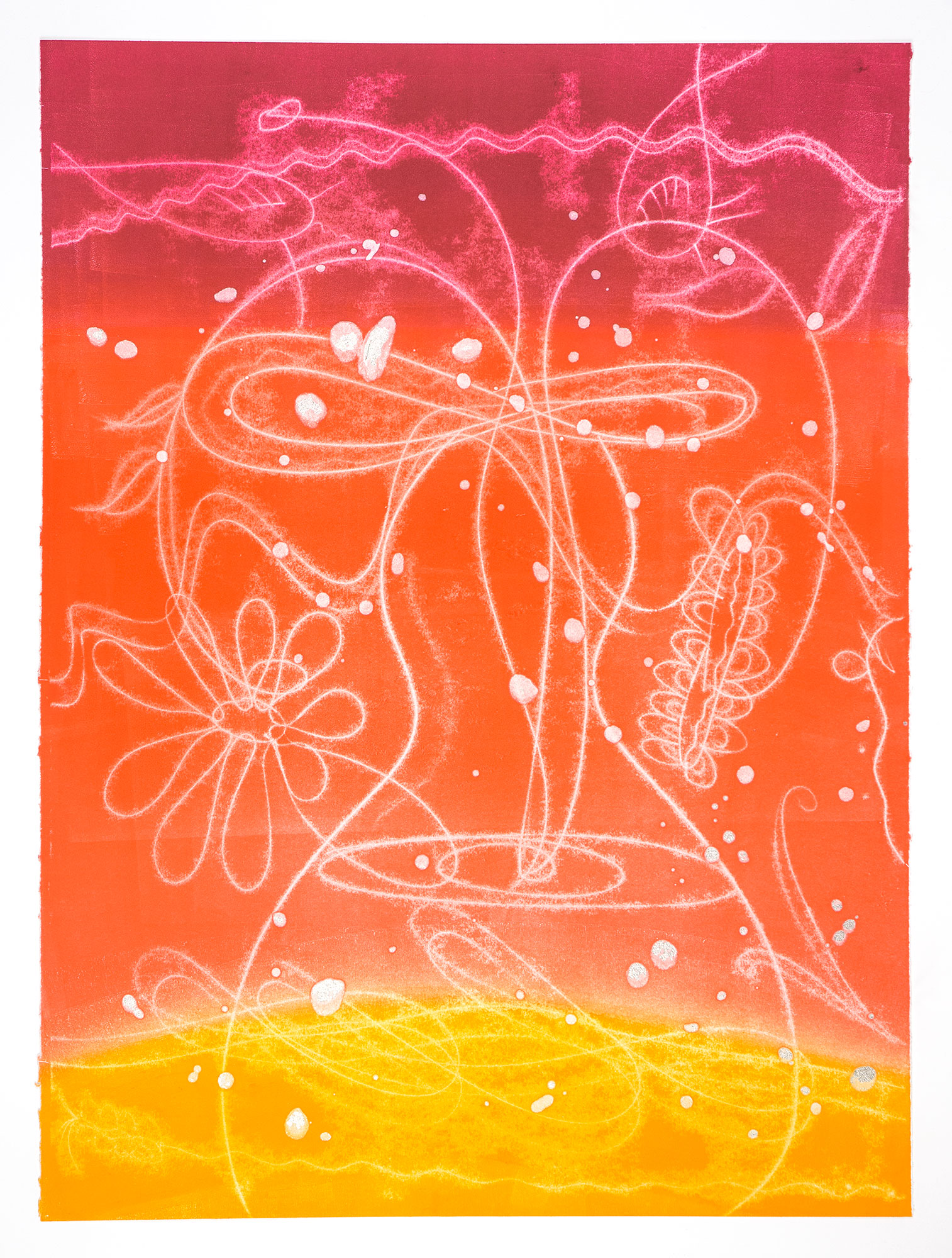 Catherine Howe: "Flower Float No. 8", 2026. Trace monotype with mica and silver pigments, 30" x 22". Published by Manneken Press.