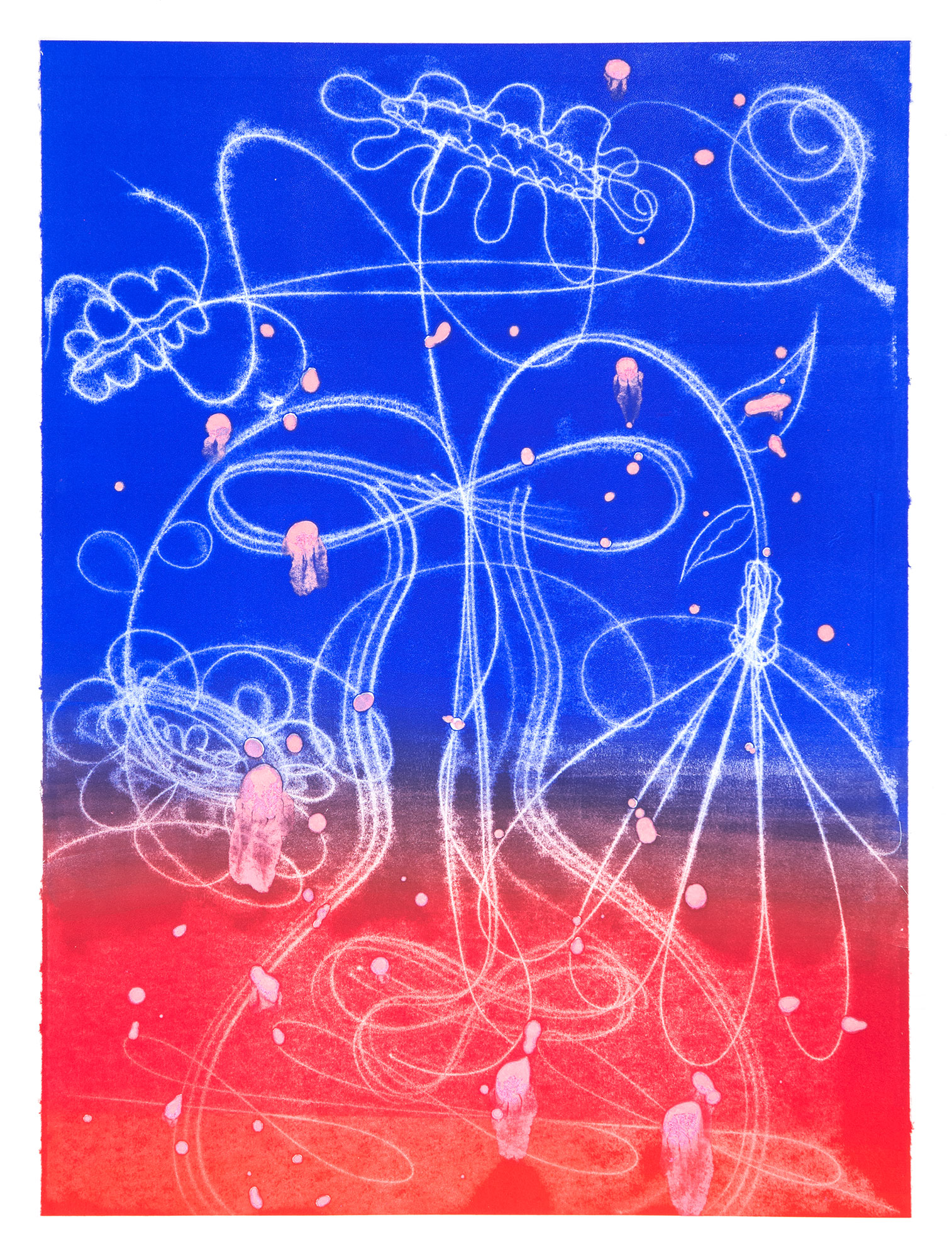 Catherine Howe: "Flower Float No. 9", 2026. Trace monotype with mica and silver pigments, 30" x 22". Published by Manneken Press.