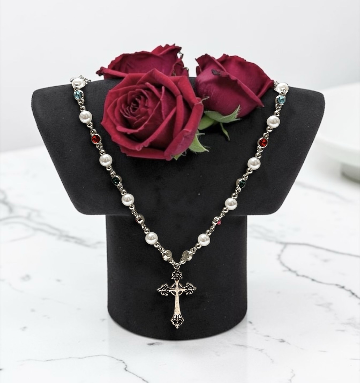 Pearl and Crystal Cross Charm Necklace