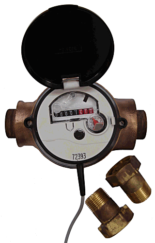 Water flow meter with a round dial and brass connectors displayed beside it.