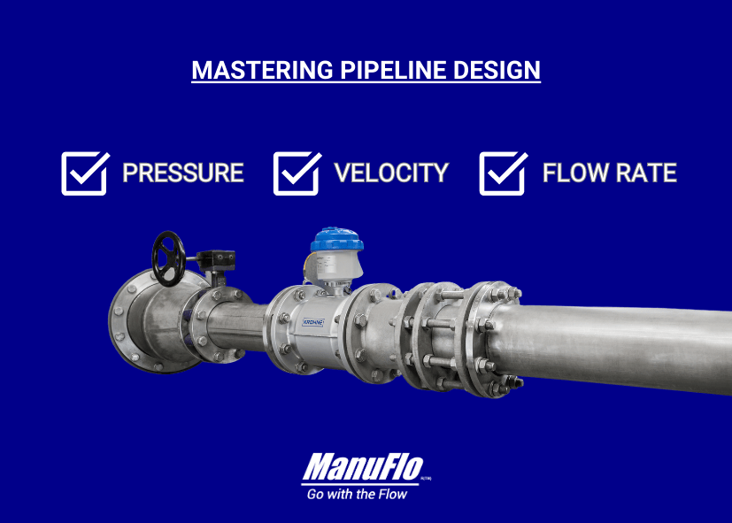 Graphic illustrating pipeline design concepts with a focus on pressure, velocity, and flow rate.