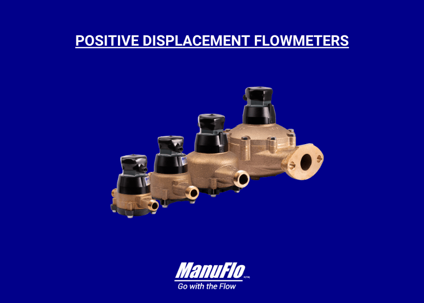 Four positive displacement flowmeters displayed against a blue background with the ManuFlo logo.
