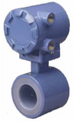 RMS50 flowmeter with a blue body and a cylindrical measuring section.