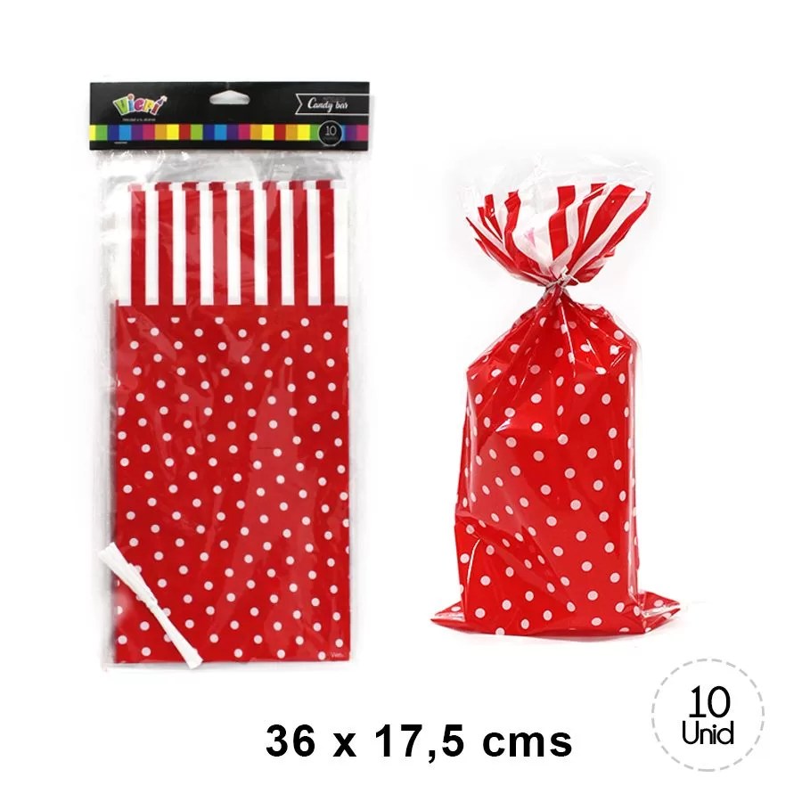 BOLSA DULCES CON AMARRA ROJO X 10 UNIDADES