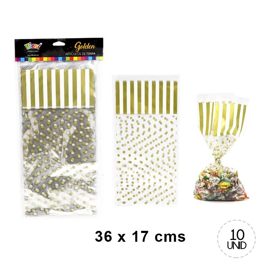 BOLSA DULCES CON AMARRA DORADA X 10 UNIDADES