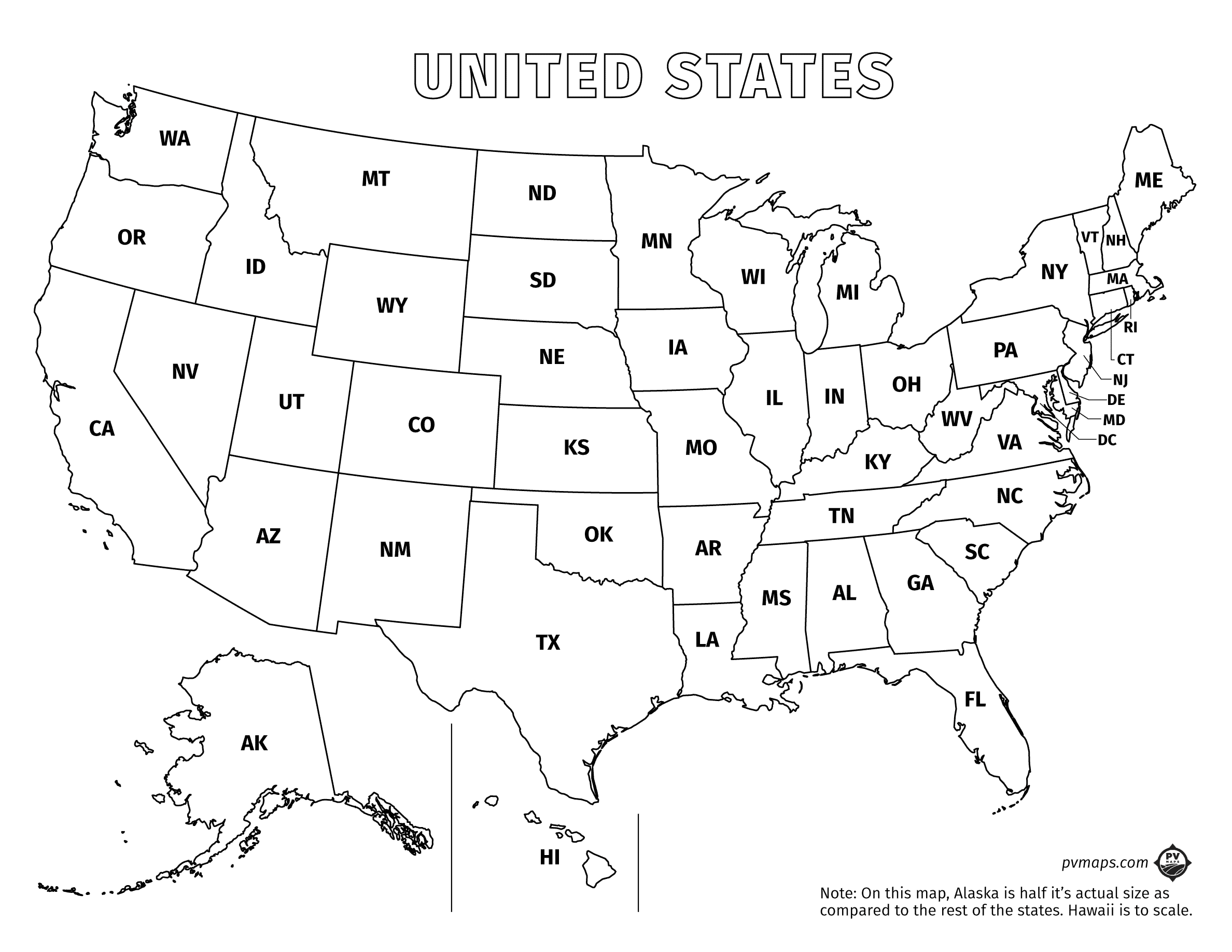 Printable USA Map With State Printable Line Maps Pvmaps Inside Printable Usa Map With State 