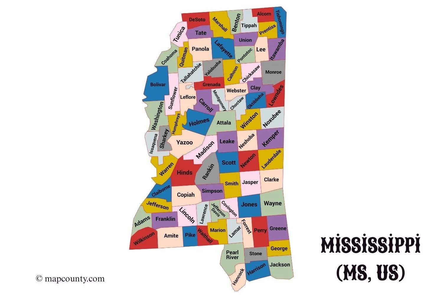 Mississippi County Map With Cities And Towns MS US.