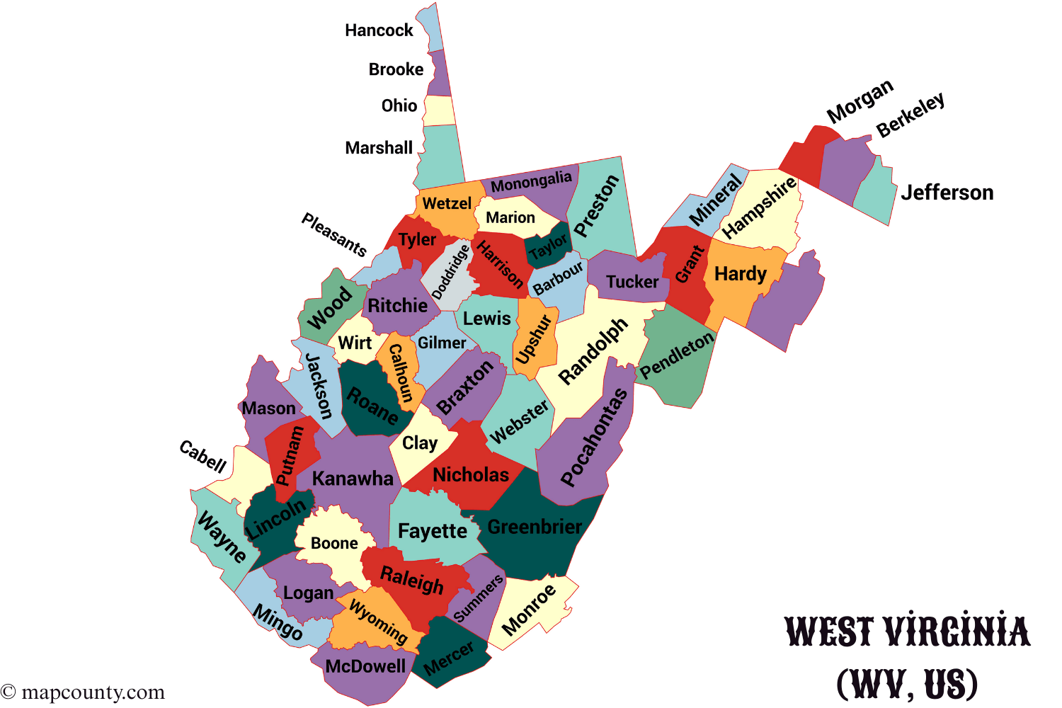West Virginia County Map With Cities And Towns WV US West Virginia County Map 