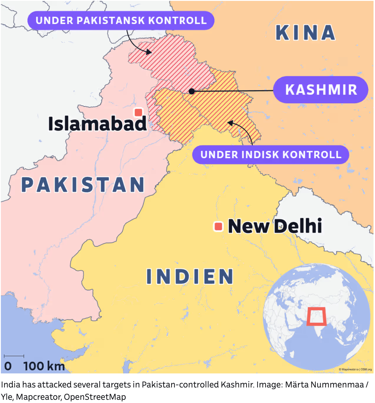 YLE Map Of Kashmir Conflict India Pakistan Control And Attacks YLE India Has Attacked Pakistan 