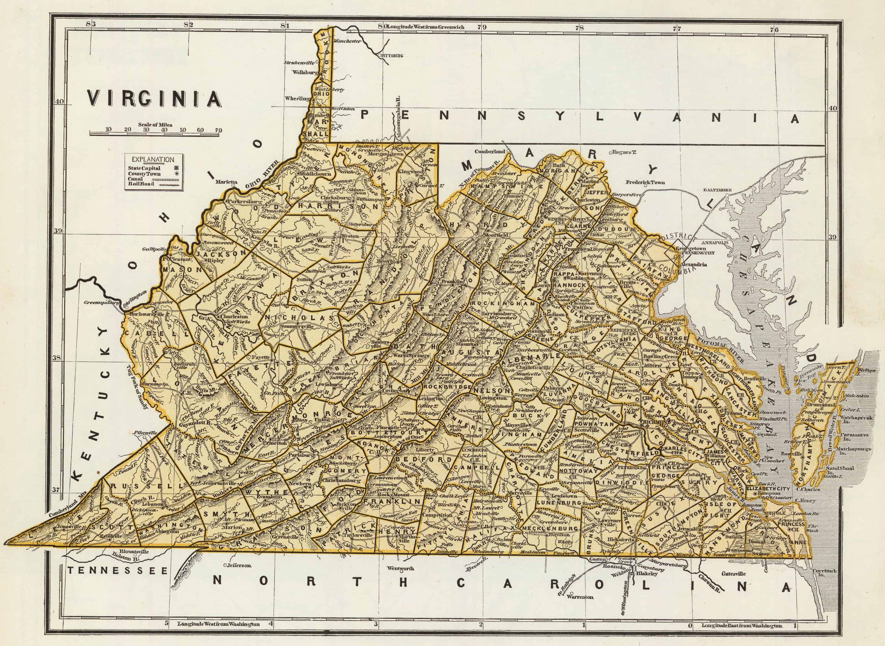 Old Historical City County And State Maps Of Virginia 1845 Map Of Virginia 